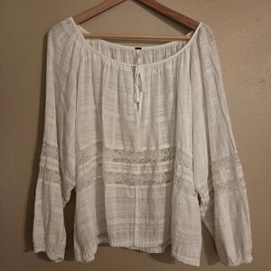 FREE PEOPLE White Lace Crochet Balloon Sleeve Oversized Peasent Blouse Size S